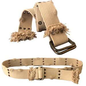 Boutique Brand Distressed Punk Tan Canvas Fabric Belt with Brass Metal Grommets